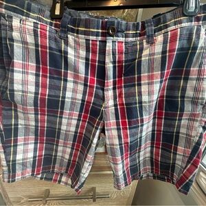 J. Crew Men's Plaid Flat Front Shorts - Navy, Red & White